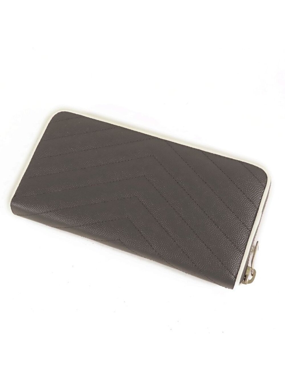 Saint Laurent Monogram Full Zip Wallet Gray White Leather Matelasse - Picture 2 of 9
